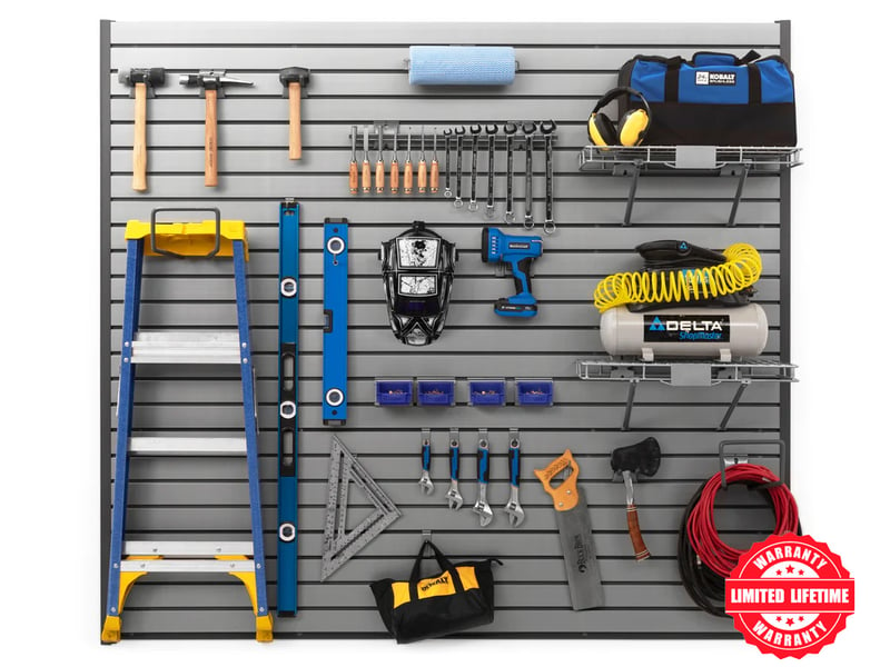 gray slatwall with handyman tools ladder and bag