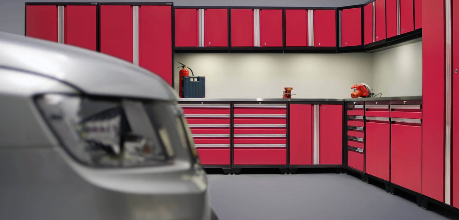 red smart design garage cabinets