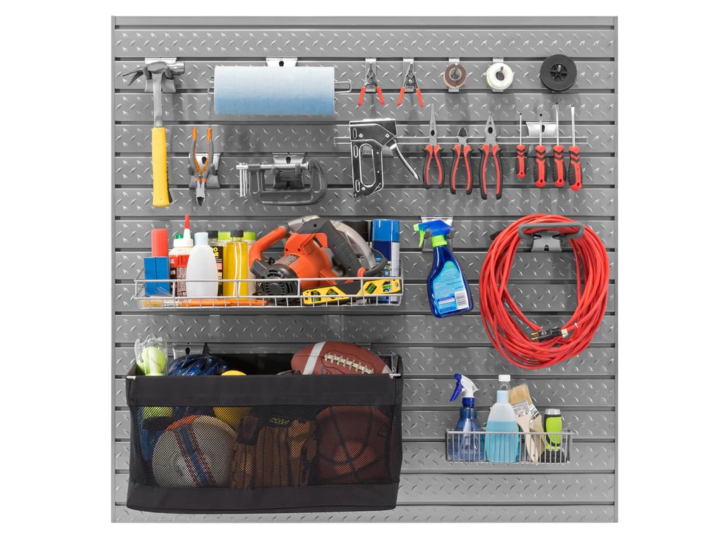 tools hanging on steel slatwall