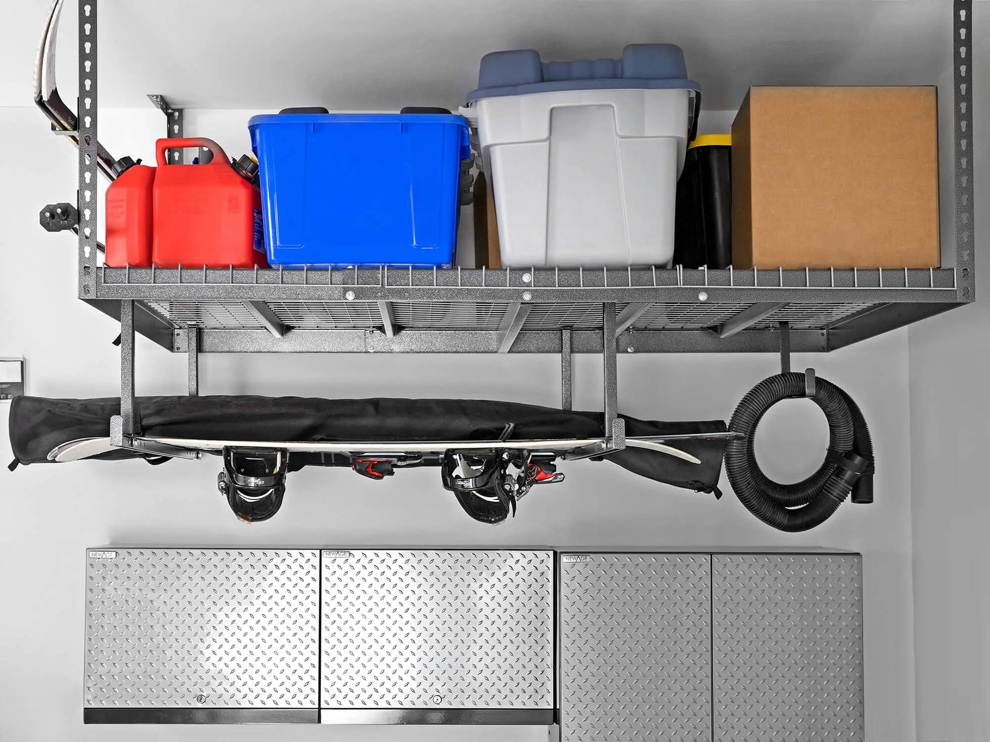 snowboard and bins neatly stored on overhead storage rack