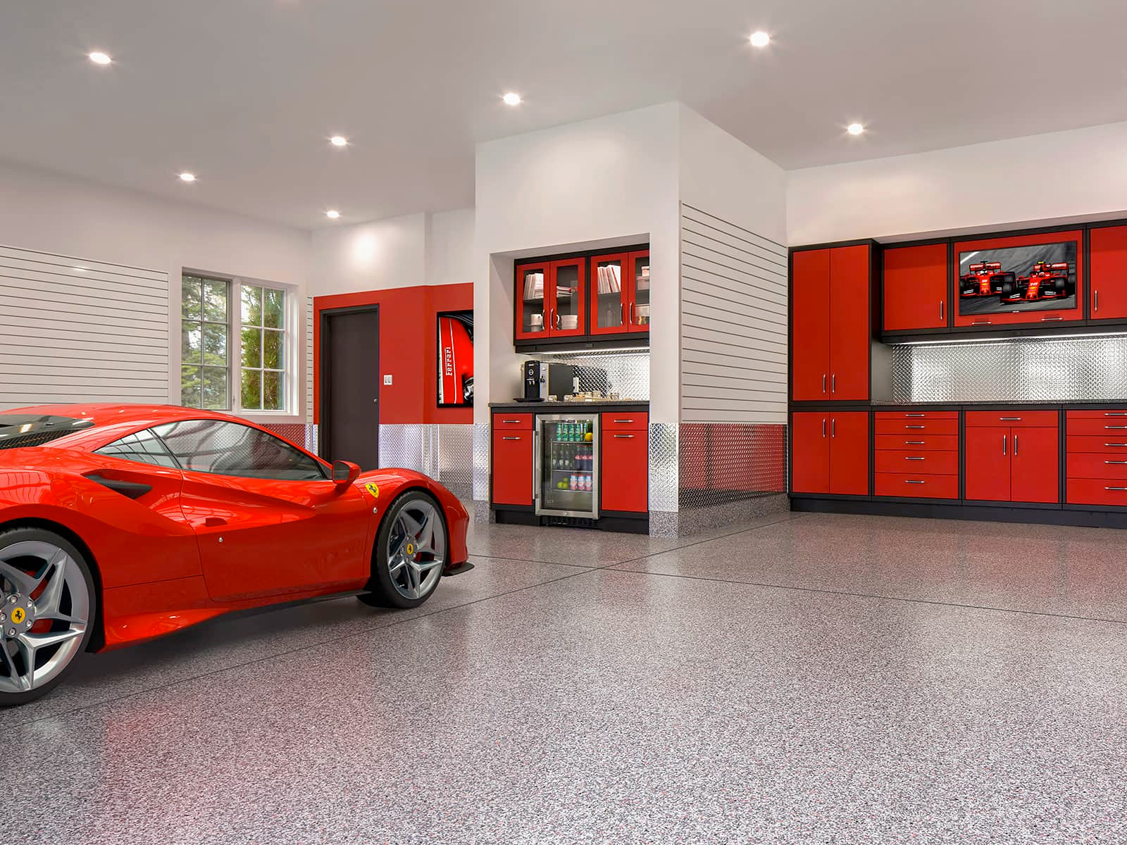 ferrari in modern garage with red cabinets