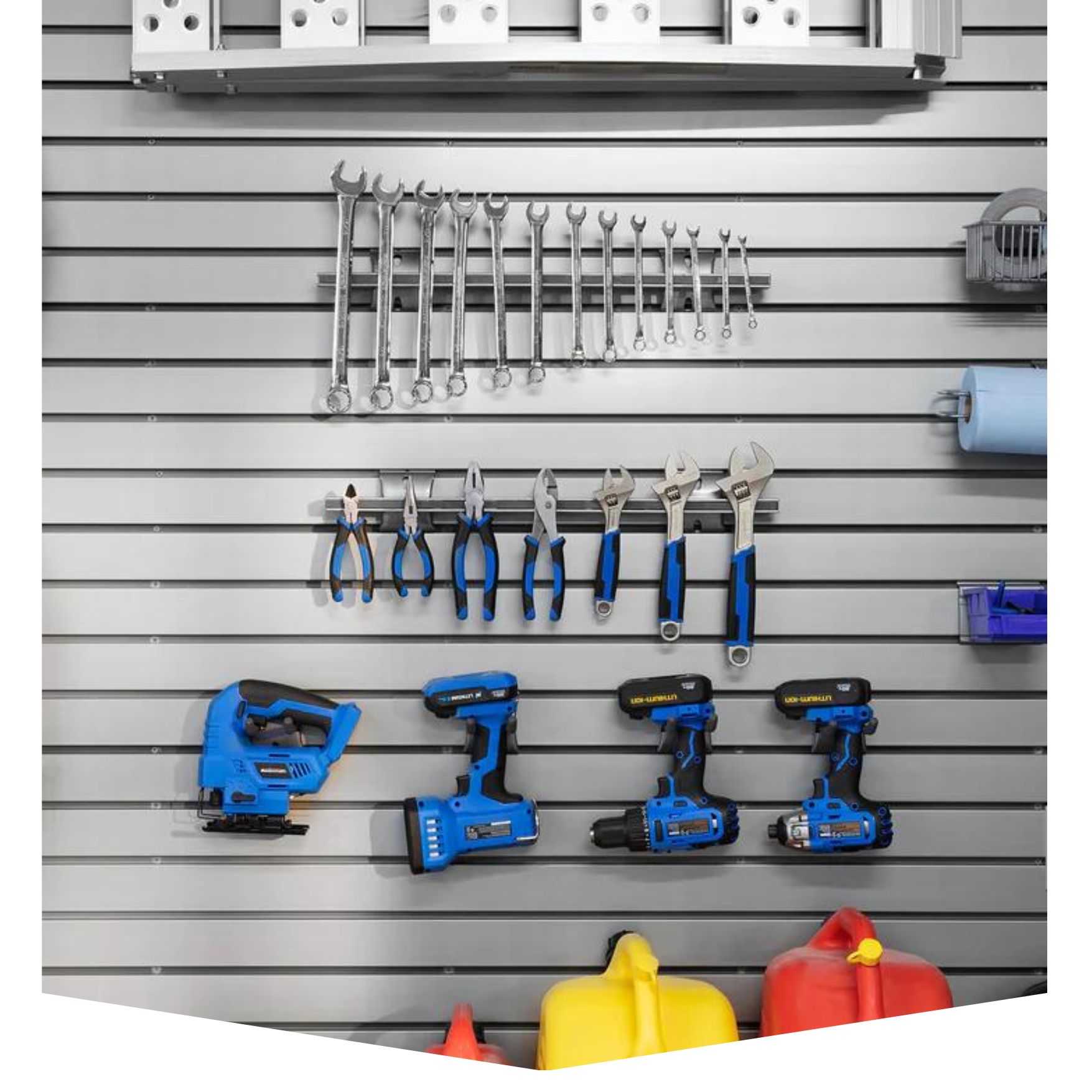 high-end steel slatwall with blue tools hanging